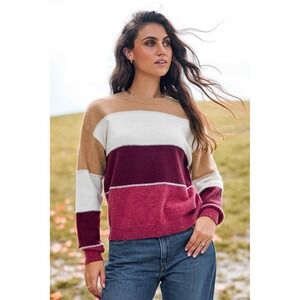 CUPSHE NWT Burgundy & Ivory Colorblock Long Sleeve Sweater SZ L RED BROWN WHITE